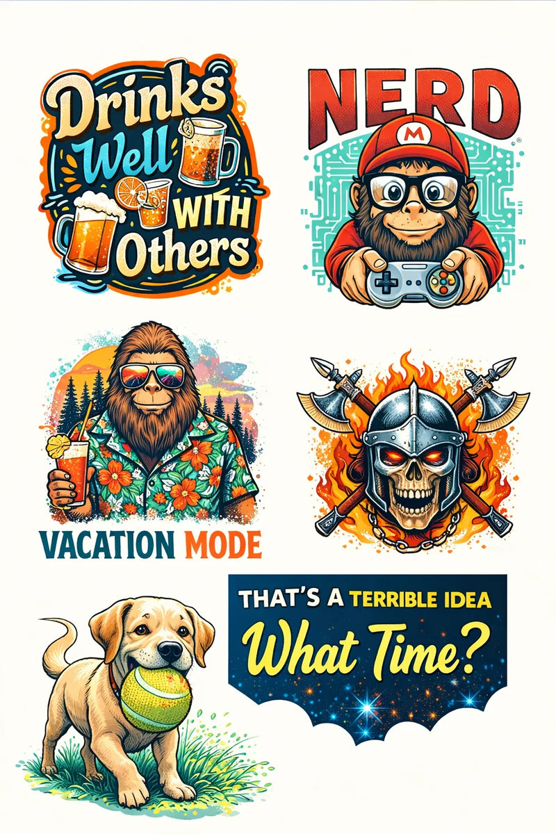 Set of six colorful graphic designs with text and illustrations on a white background.