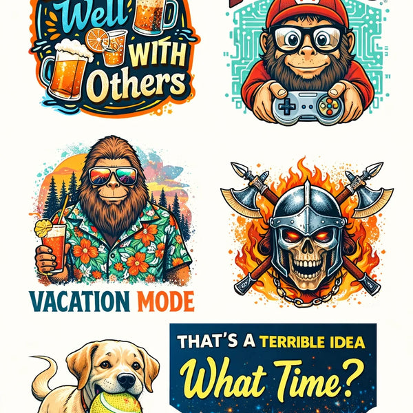 Set of six colorful graphic designs with text and illustrations on a white background.