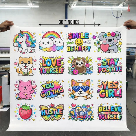 Motivational poster with colorful illustrations and text held by two hands in a warehouse setting.