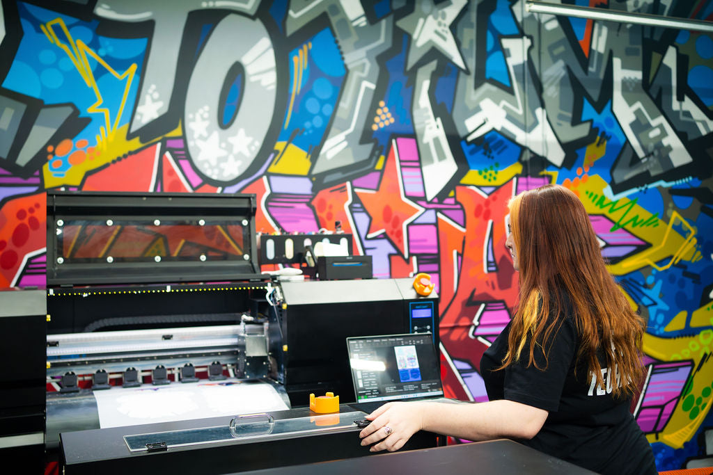 DTF Virginia printer producing custom gang sheet transfers with fast turnaround, ensuring printed orders ship within 24 to 48 hours for customers.