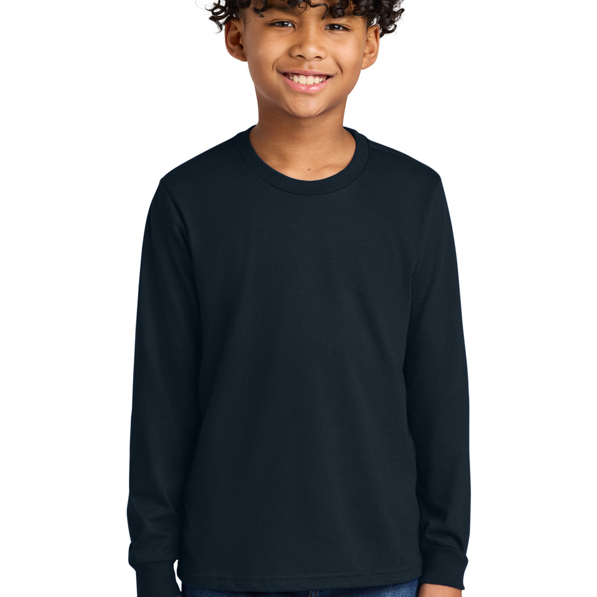Next Level Apparel ®  Youth Cotton Long Sleeve Tee NL3311 worn by a smiling boy in a dark color.