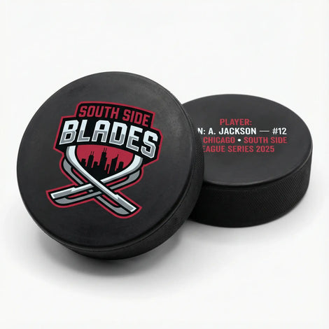 Two hockey pucks with 'South Side Blades' logo and text on a white background