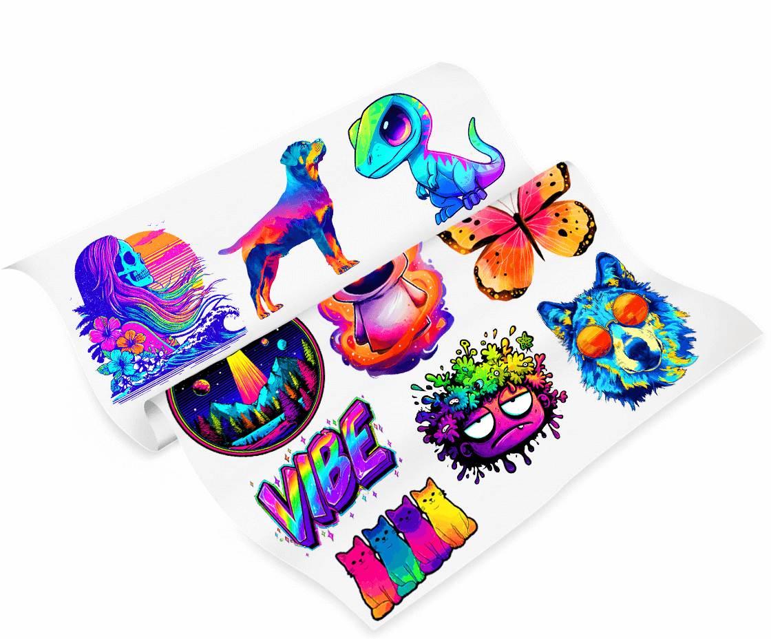 Colorful and vibrant custom DTF heat transfer sheets featuring various designs including animals and abstract art.
