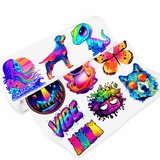 Colorful and vibrant custom DTF heat transfer sheets featuring various designs including animals and abstract art.