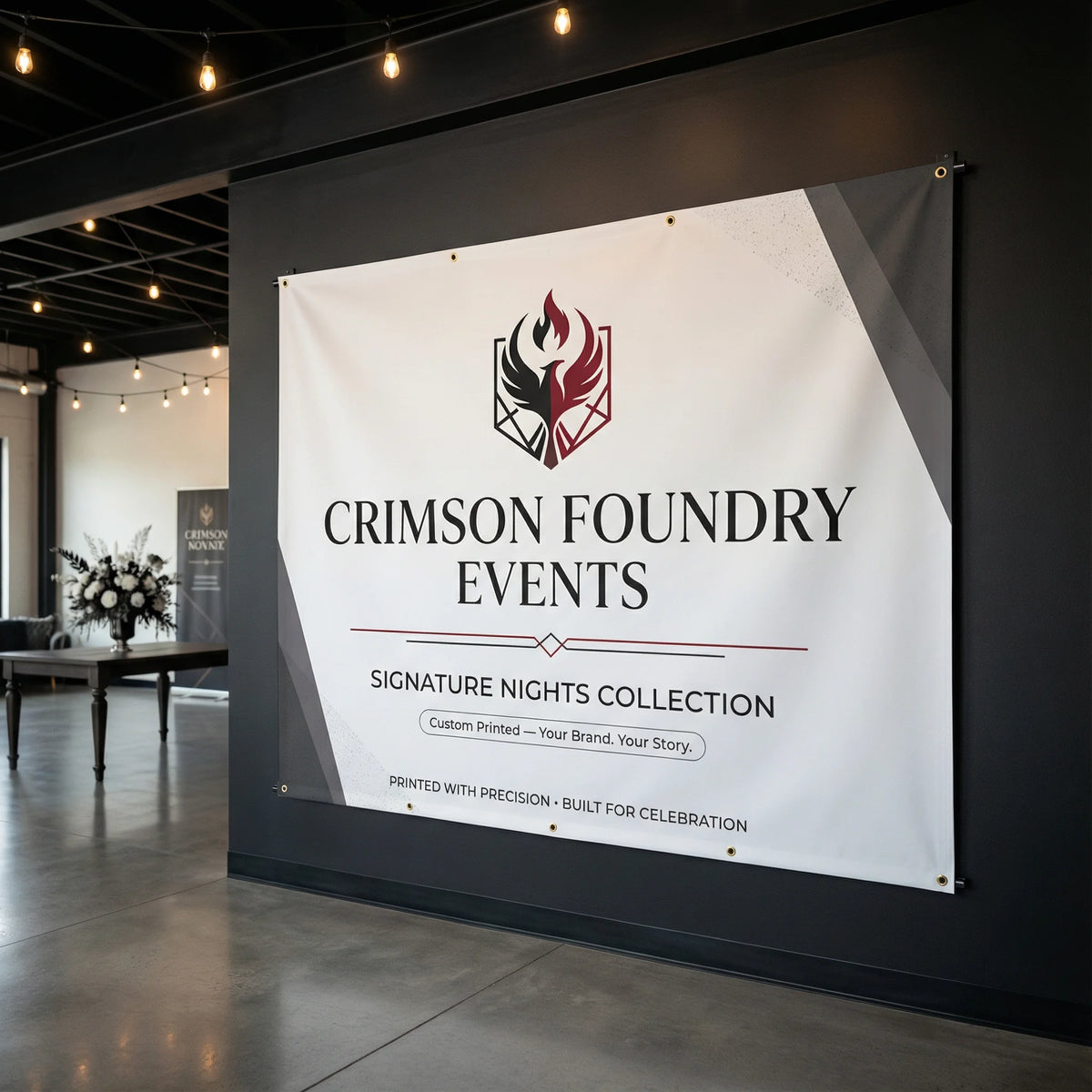 Crimson Foundry Events banner displayed in a room with tables and chairs.