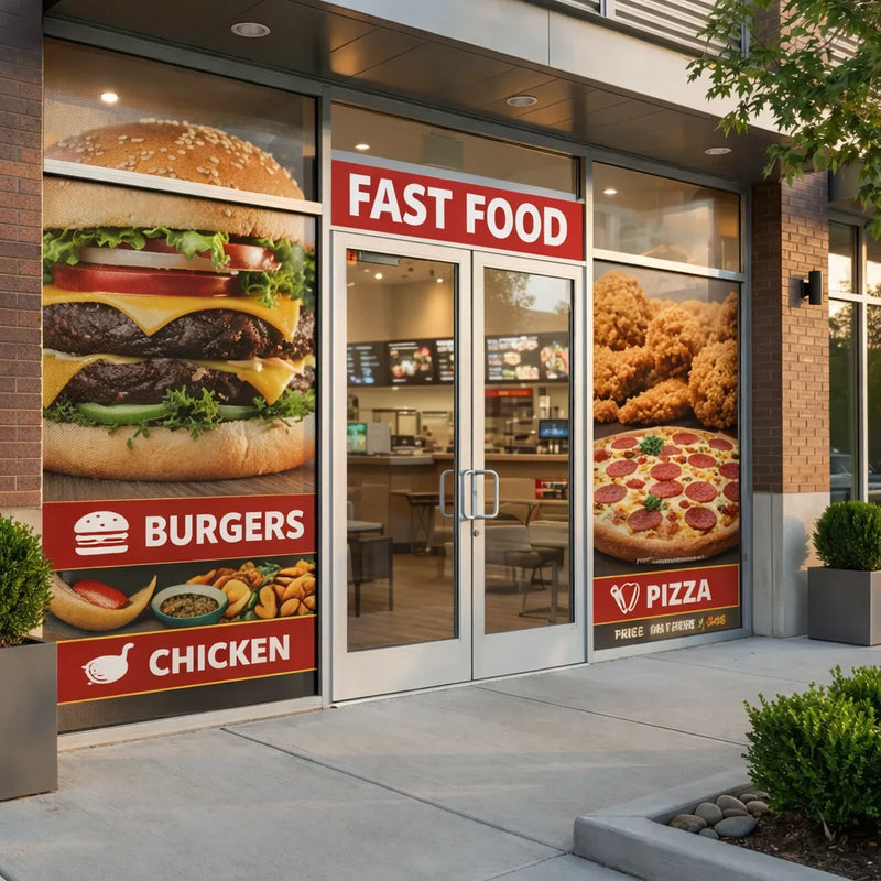 Fast food restaurant entrance with promotional graphics for burgers, pizza, and chicken.