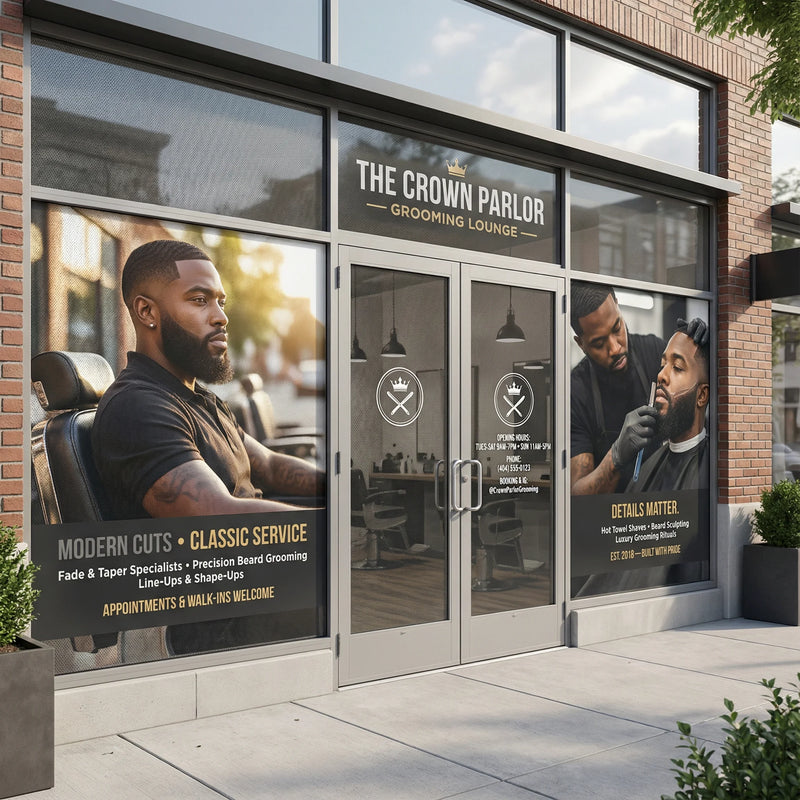 The Crown Parlor Grooming Lounge exterior with promotional posters on the glass doors.