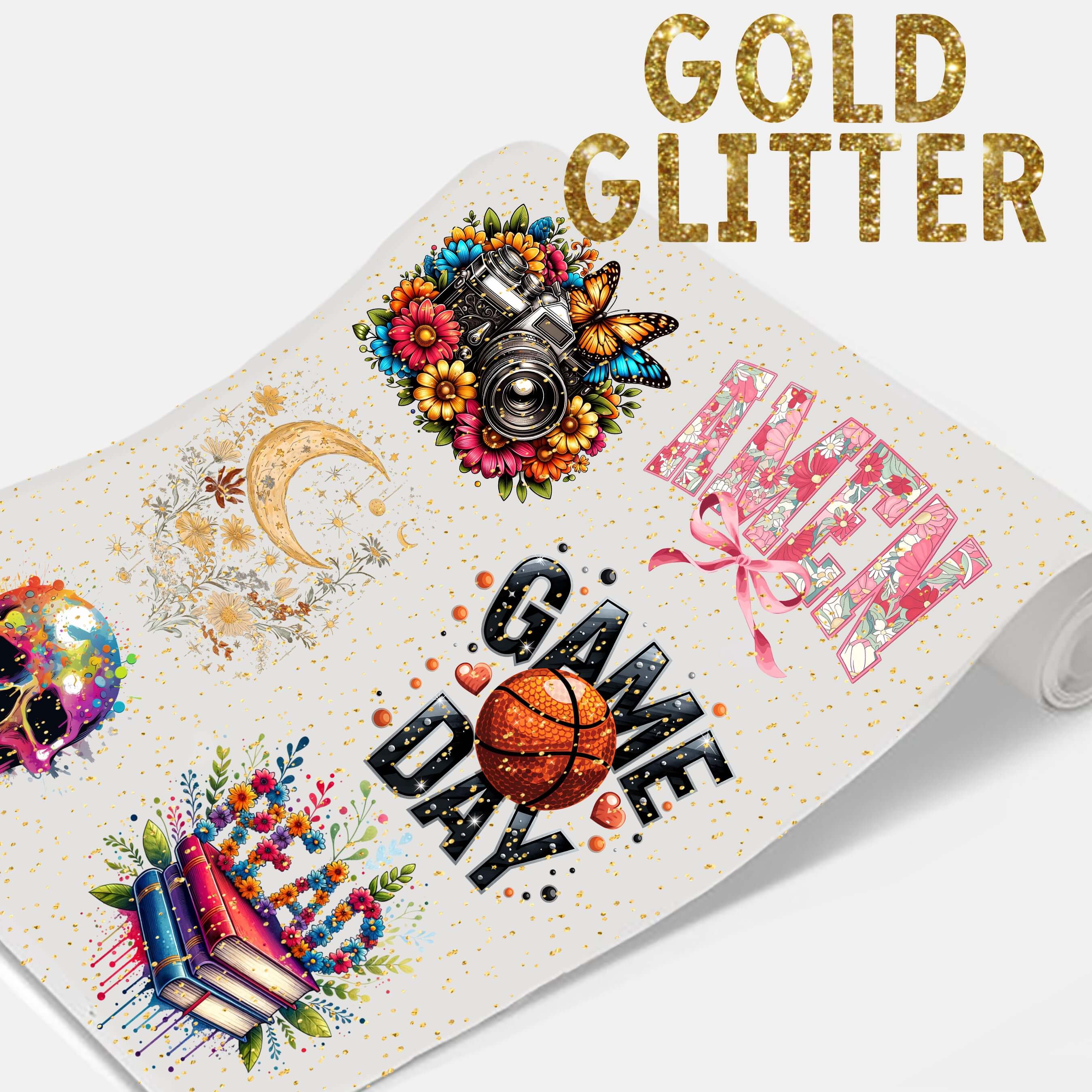Gold Glitter DTF Transfers showcasing vibrant designs and sparkling glitter for creative applications.