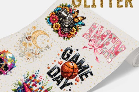 Gold Glitter DTF Transfers showcasing vibrant designs and sparkling glitter for creative applications.