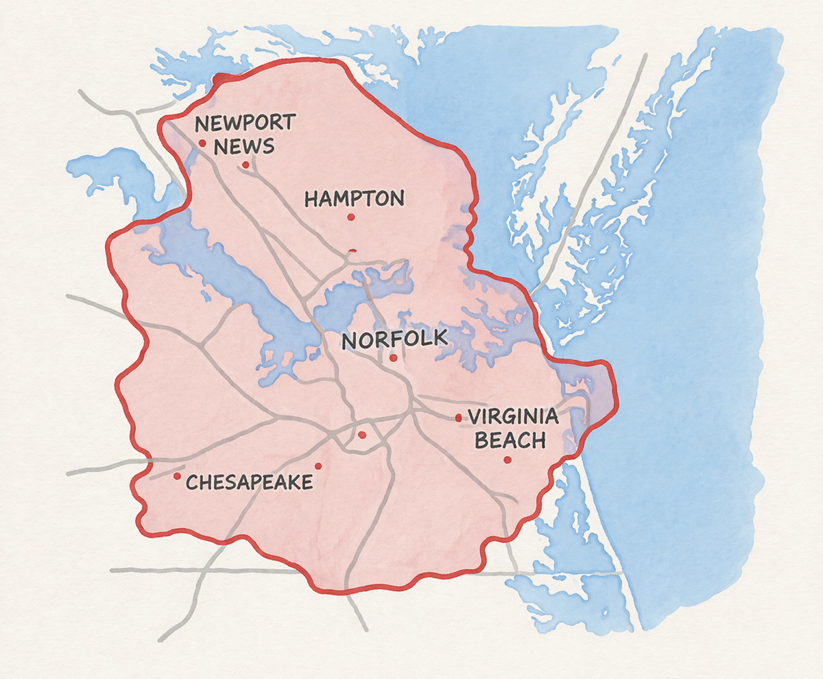Map of Hampton Roads region with major cities labeled