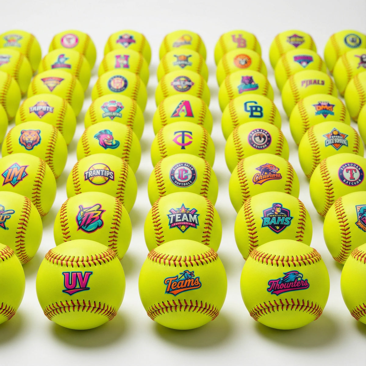 Multiple yellow softball balls with various logos arranged on a white background