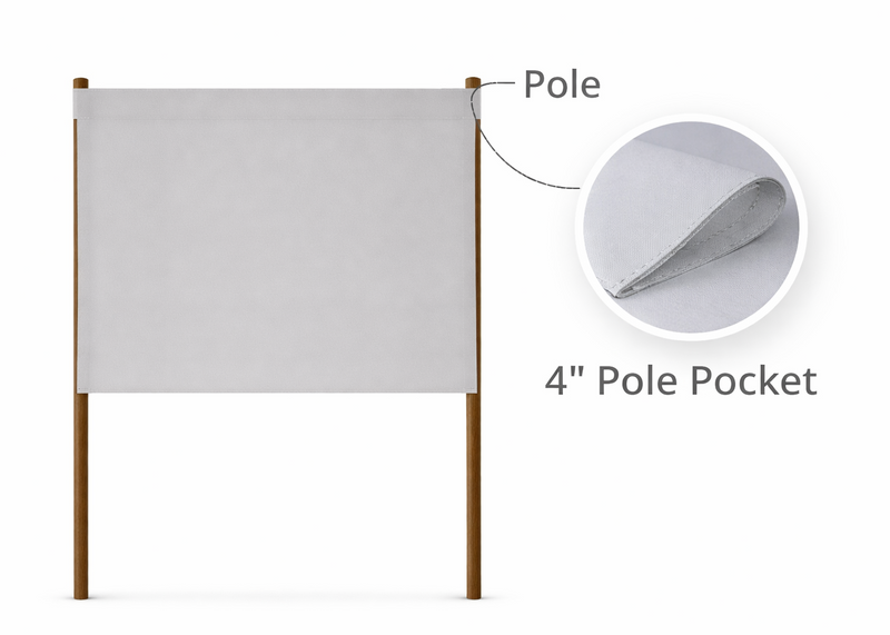 party banner with wooden pole and 4-inch pole pocket on a white background