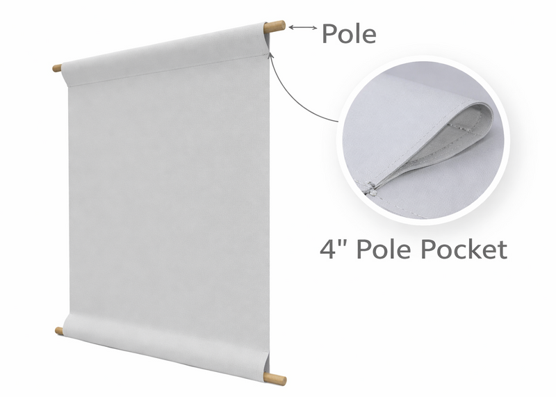party banner with pole and 4-inch pole pocket on a white background