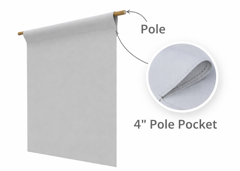 party banner with a pole and 4-inch pole pocket on a white background