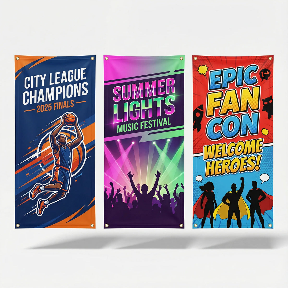 Three colorful event banners for City League Champions, Summer Lights Music Festival, and Epic Fan Con on a white background.