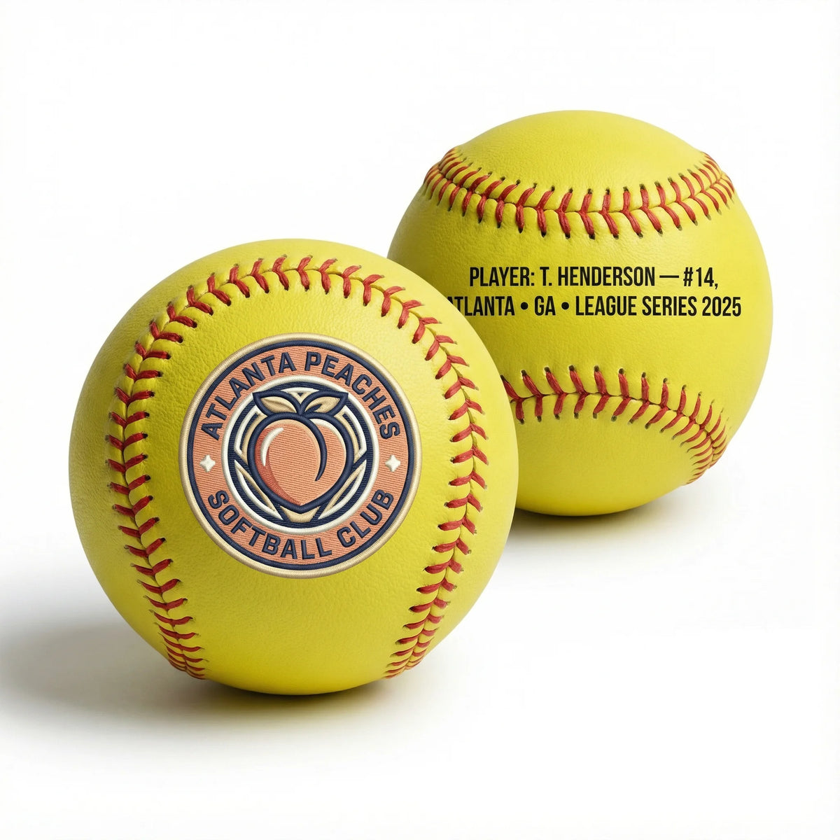 Two yellow softball balls with branding and text on a white background