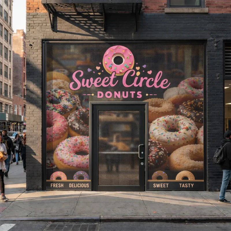  storefront with 'Sweet Circle Donuts' sign and donut display