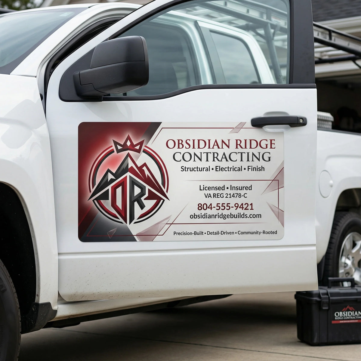 White truck door with Obsidian Ridge Contracting truck magnet