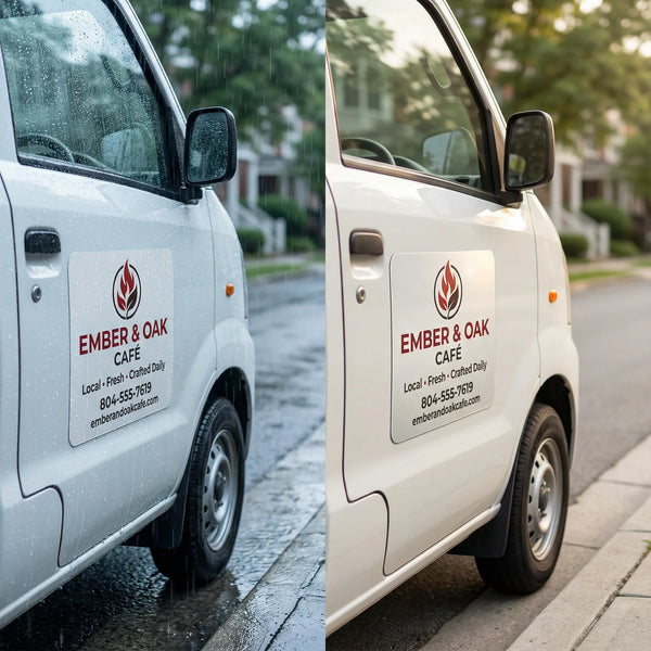 White van with Ember & Oak Cafe logo on a street truck magnet