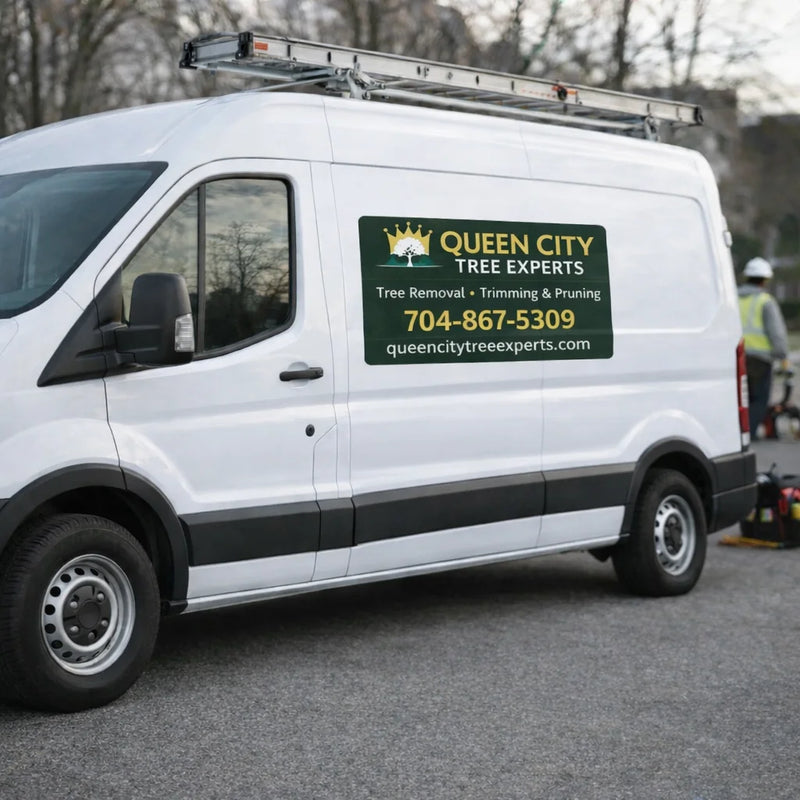 White van with 'Queen City Tree Experts' branding on a road.