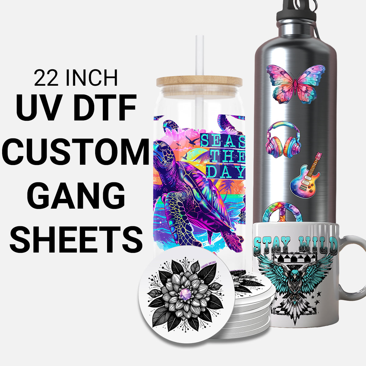 Custom UV DTF gang sheets for durable waterproof stickers