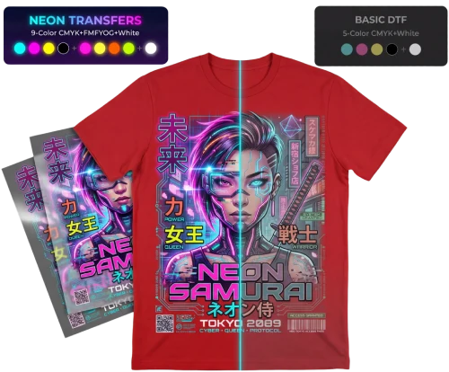 A red tee printed with Neon Samurai artwork, split down the middle to compare neon transfers with basic DTF.