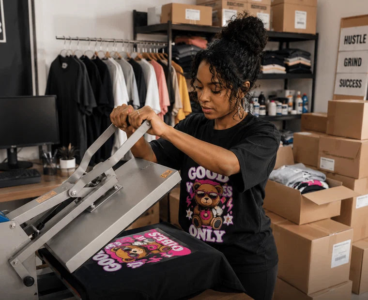 A printer using a heat press to apply a transfer to a black tee.